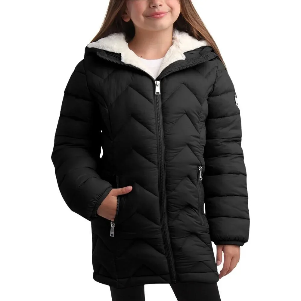 Girls Puffer Jacket - Full Sherpa Lined Glacier Shield Mid Length Quilted Puffer